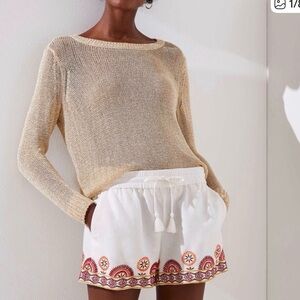 Loft Embroidered Linen Blend Drawstring Waist Boho Shorts | Size L